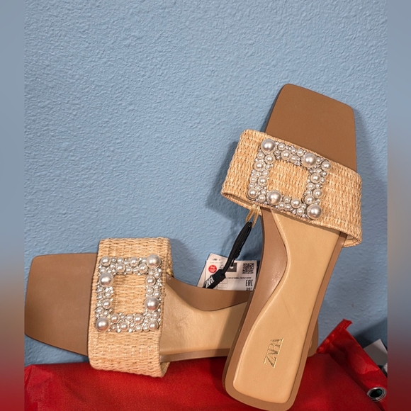 Zara Shoes - Zara Tan Woven Slide Sandals with Pearl & Crystal Buckle